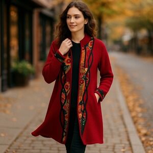 KOOS of Course‎ Red Patchwork Applique Long Cardigan Coat Jacket Size Small